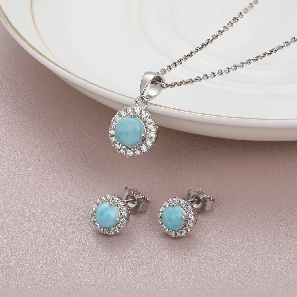 Larimar Flower Halo Earrings & Pendant Necklace Set, 925 Sterling Silver