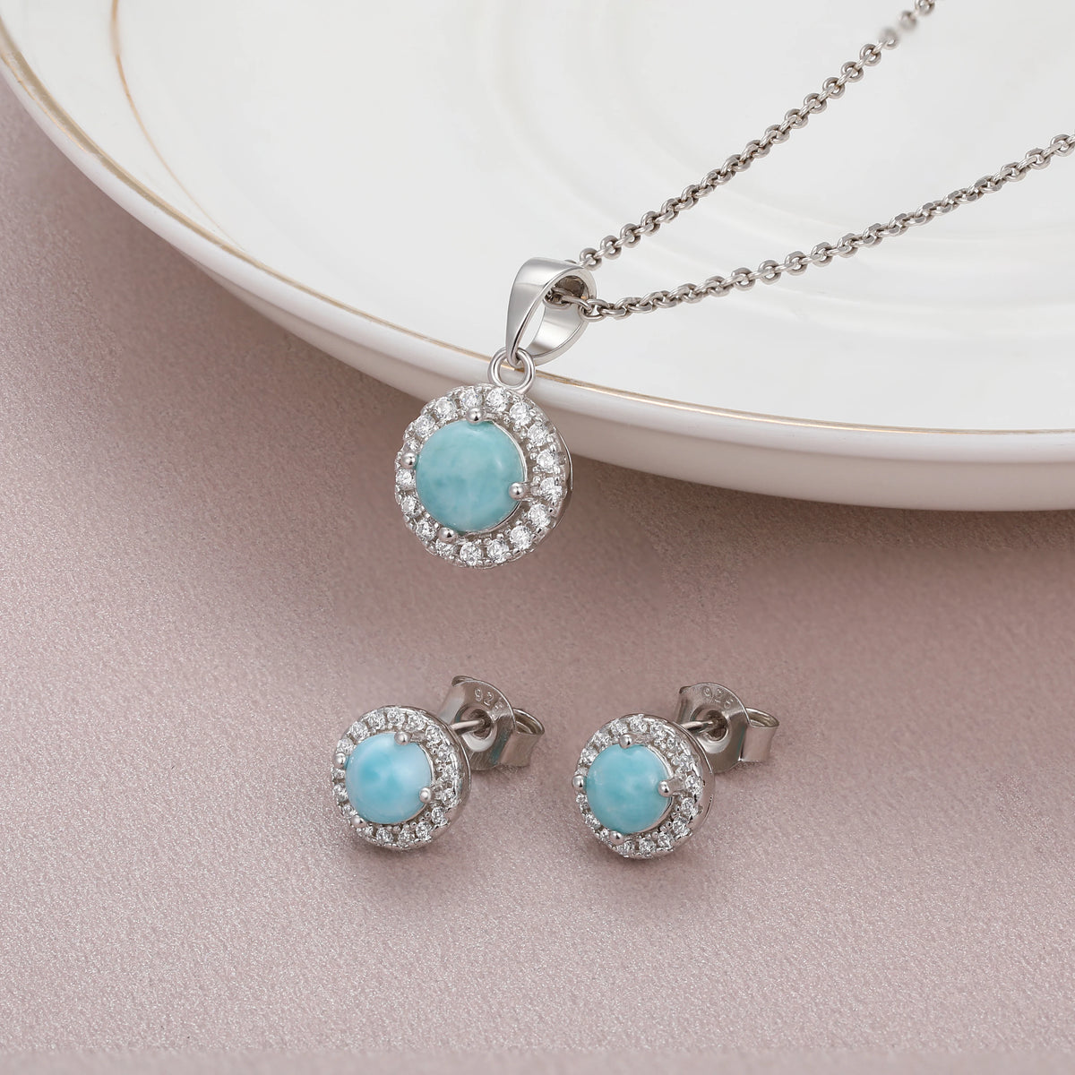 Larimar Halo Stud Earrings in 925 Sterling Silver