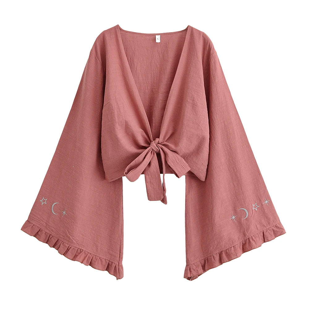 Embroidered Tie-Front Crop Kimono