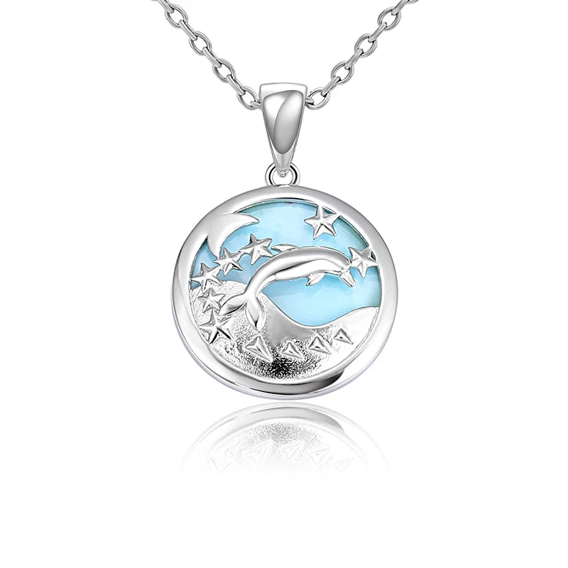 Larimar Dolphin Cutout Pendant Necklace, Round