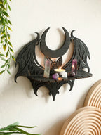 Gothic Bat Wall Shelf – Wooden Moon & Crystal Floating Display