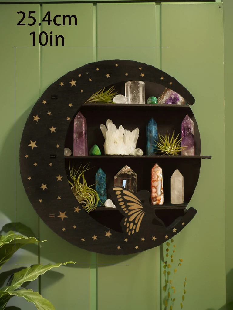 Round Moon Wall Shelf – 3-Tier Black Wooden Crystal Display