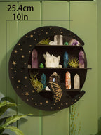Round Moon Wall Shelf – 3-Tier Black Wooden Crystal Display