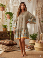 Wild Floral Tie-Neck Ruffle Boho Mini Dress