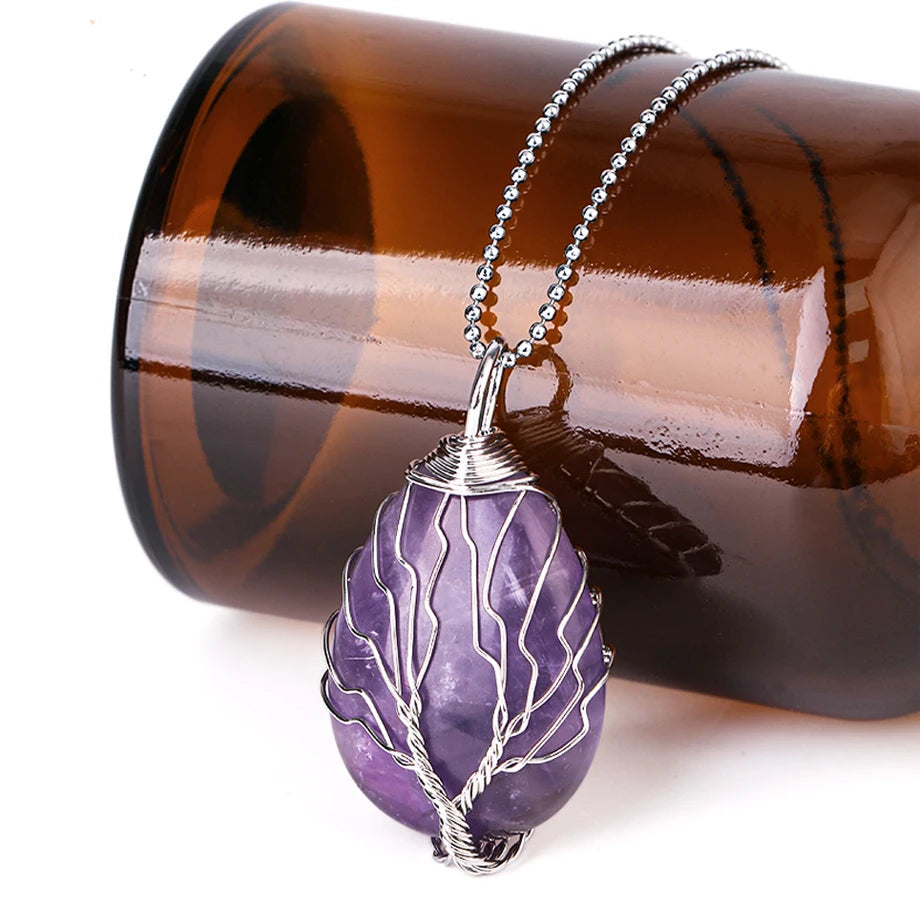 Tree of Life Crystal Necklace — Wire-Wrapped Natural Stone Pendant