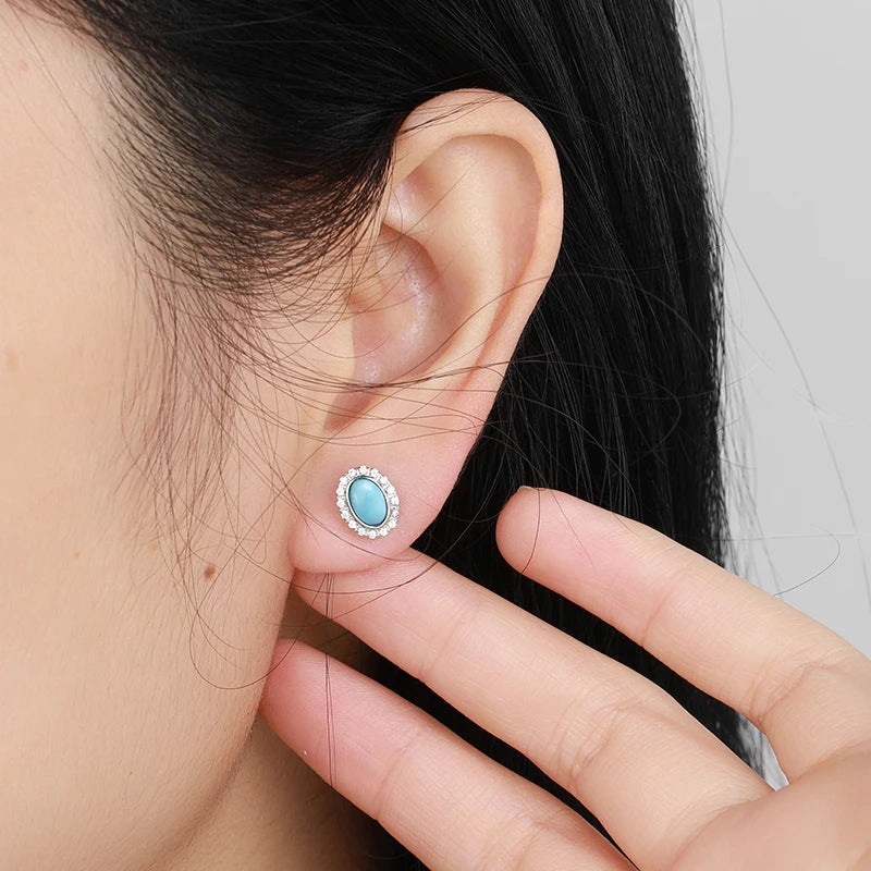 Larimar Oval Halo Stud Earrings, Zircon Border