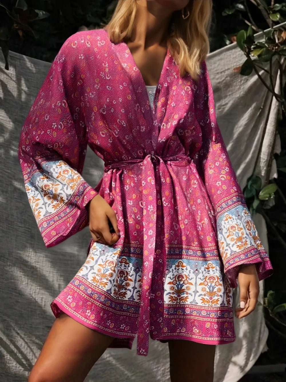 Floral Boho Kimono Robe with Batwing Sleeves