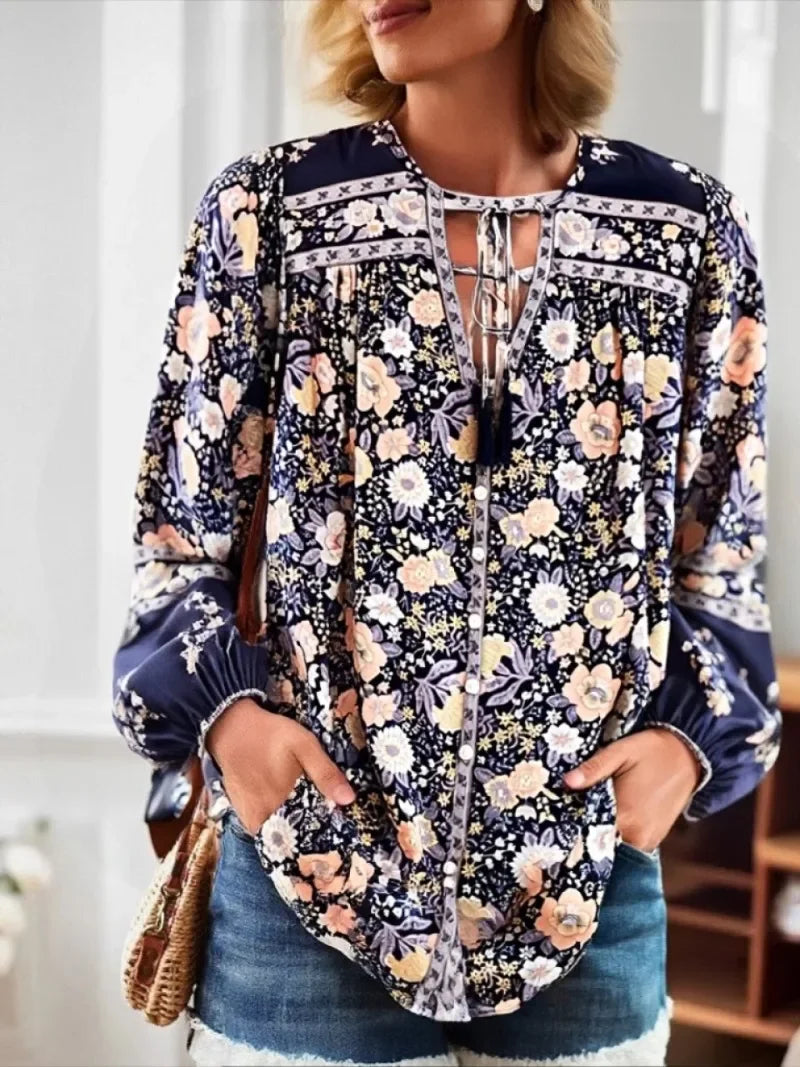 Floral Tassel V-Neck Boho Blouse