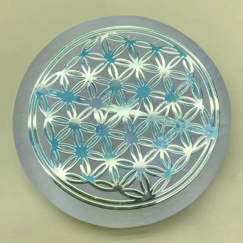 Engraved Selenite Charging Disc – Sacred Geometry Crystal Plate