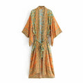 Boho Ethnic Stripe Maxi Kimono Robe with Sash