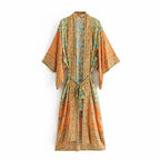 Boho Ethnic Stripe Maxi Kimono Robe with Sash