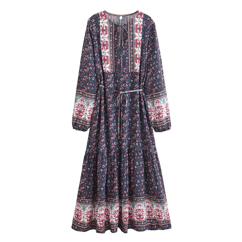 Boho Floral Maxi Dress with Long Sleeves