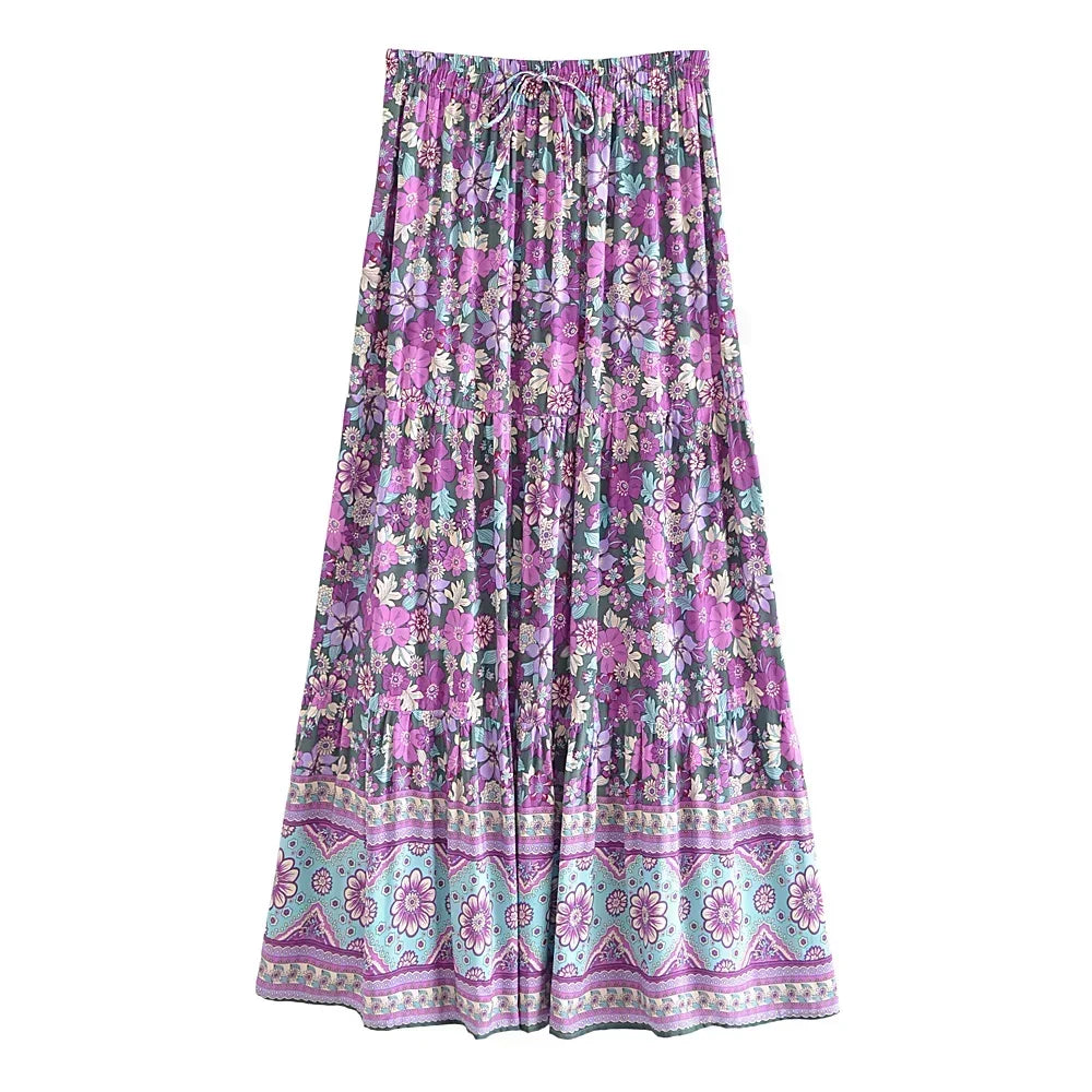 Floral Pleated Boho Maxi Skirt