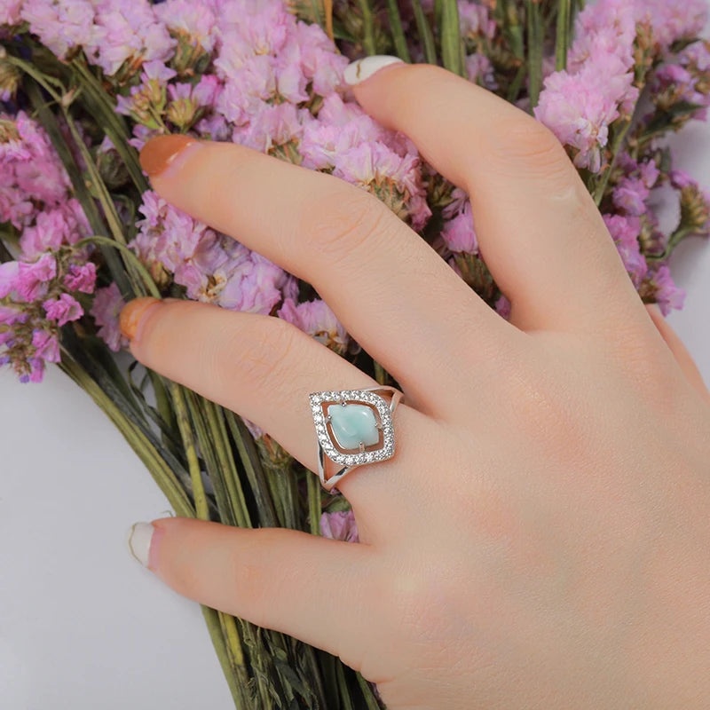 Larimar Square Halo Ring, 925 Sterling Silver