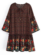 Wild Floral Tie-Neck Ruffle Boho Mini Dress