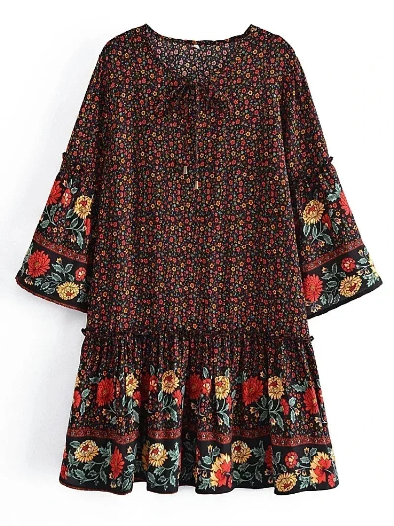 Wild Floral Tie-Neck Ruffle Boho Mini Dress