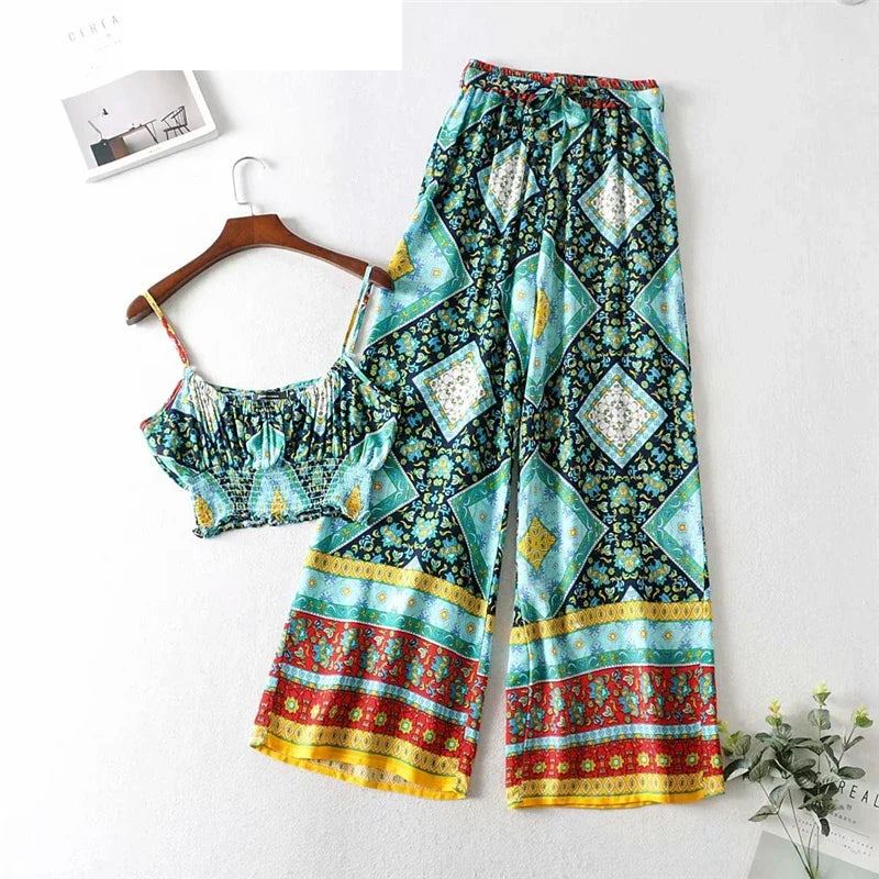 Boho Floral Smocked Cami & Wide-Leg Pants Set
