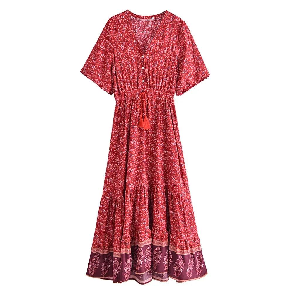 Floral Print Batwing Sleeve Boho Maxi Dress with Tassel