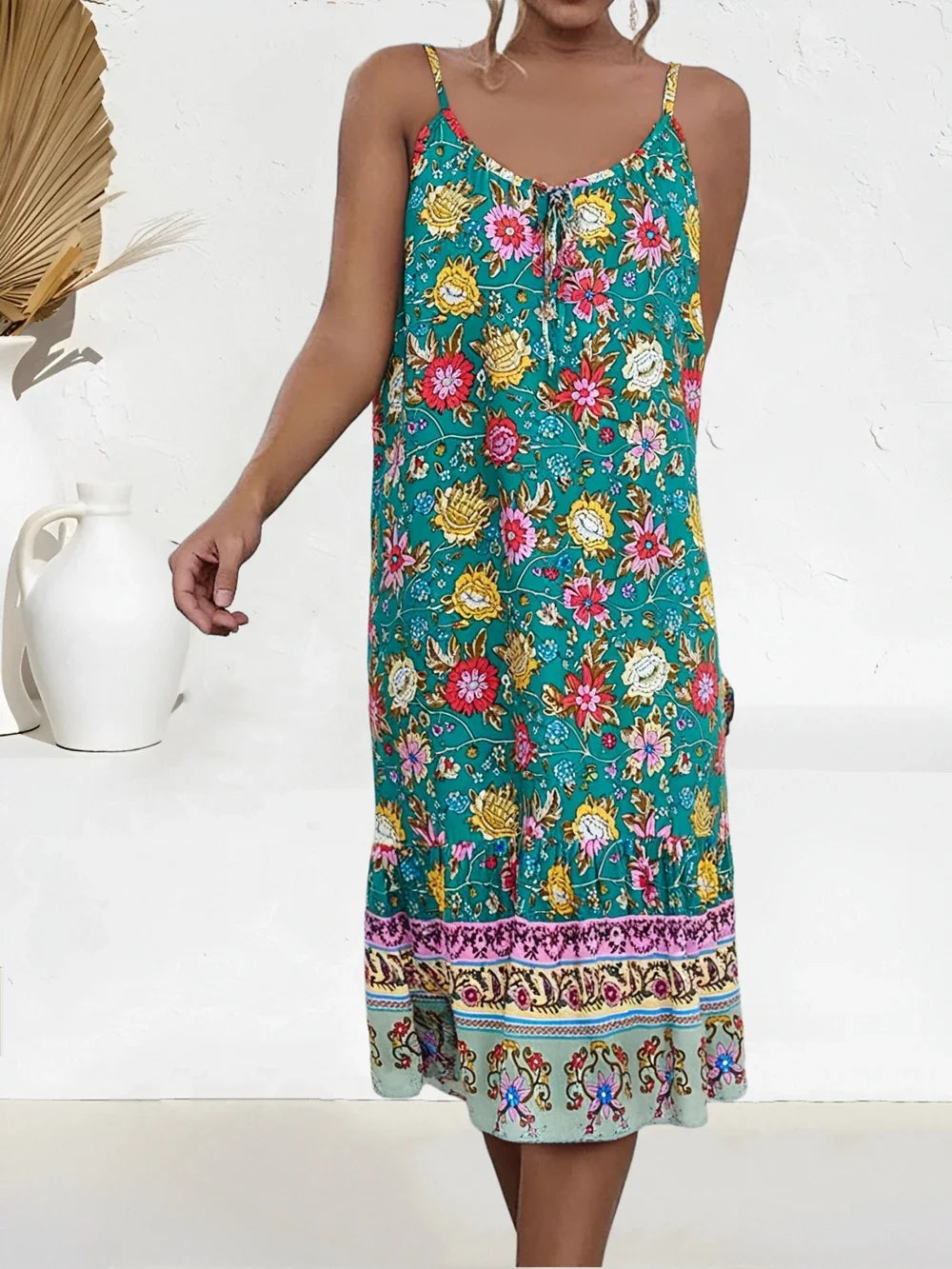 Floral Border Spaghetti Strap Boho Midi Dress