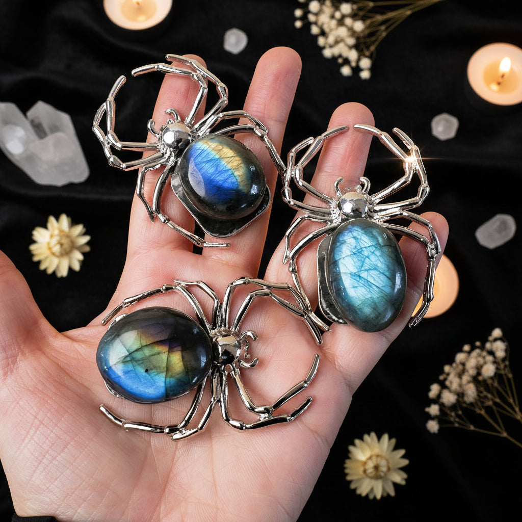 Labradorite Spider Crystal Figurine – Natural Stone Collectible