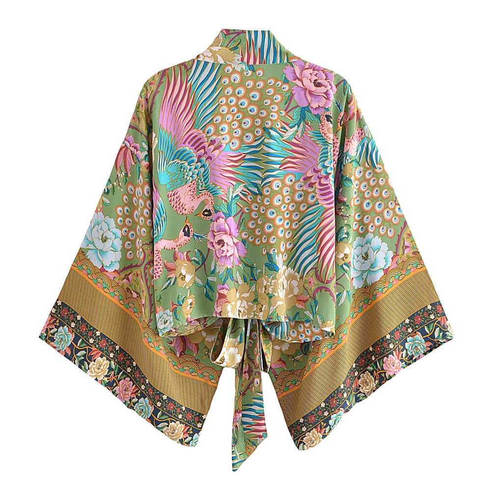 Peacock Floral Kimono & Wide-Leg Pants Set