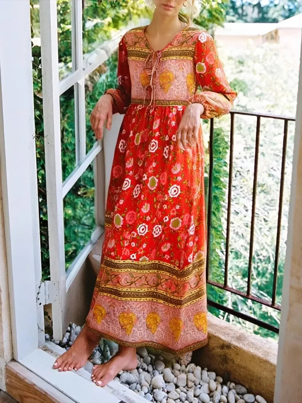 Bohemian Floral V-Neck Lantern-Sleeve Maxi Dress