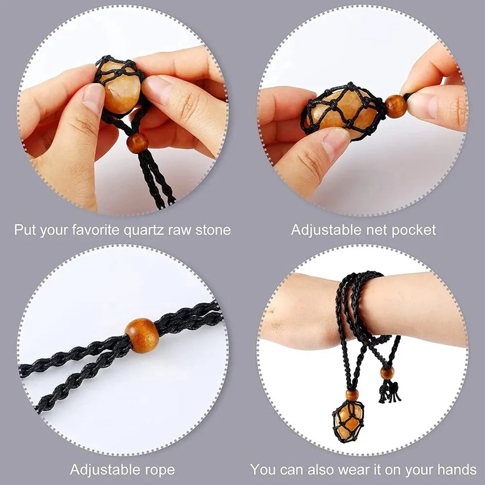 Macramé Mesh Pocket Crystal Necklace Cord | Adjustable Braided Pendant Holder