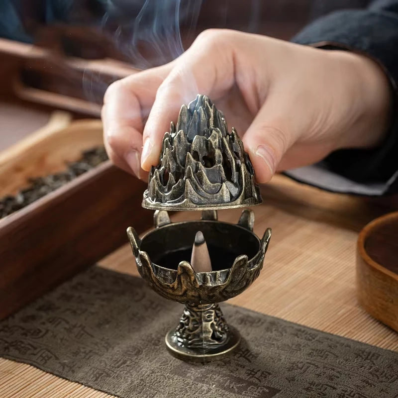 Lotus Bud Incense Burner — Hollow Alloy Cone & Stick Holder