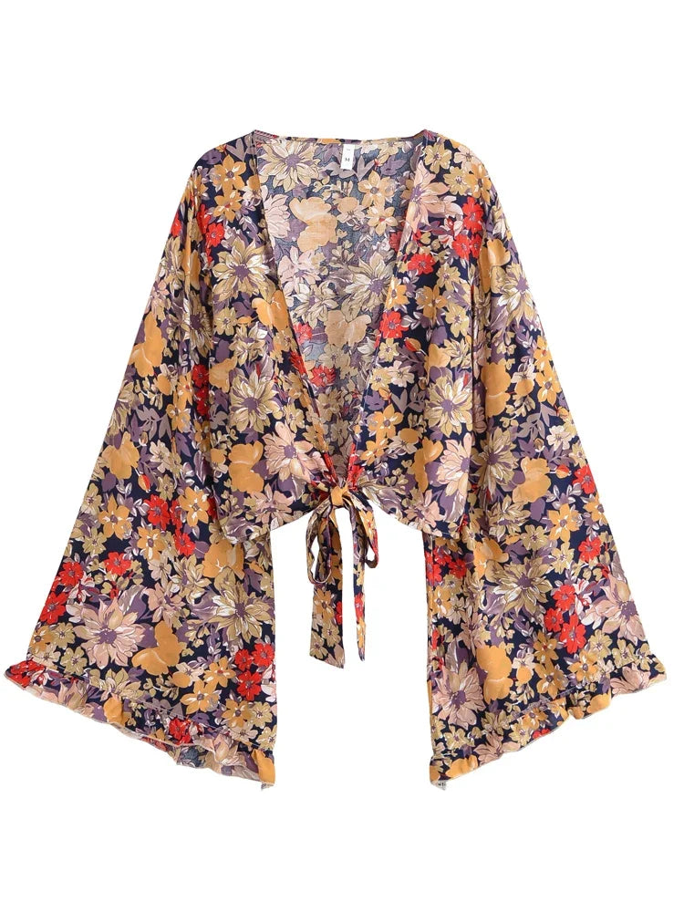 Floral Rayon Ruffle-Sleeve Boho Kimono