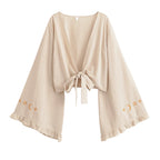 Embroidered Tie-Front Crop Kimono
