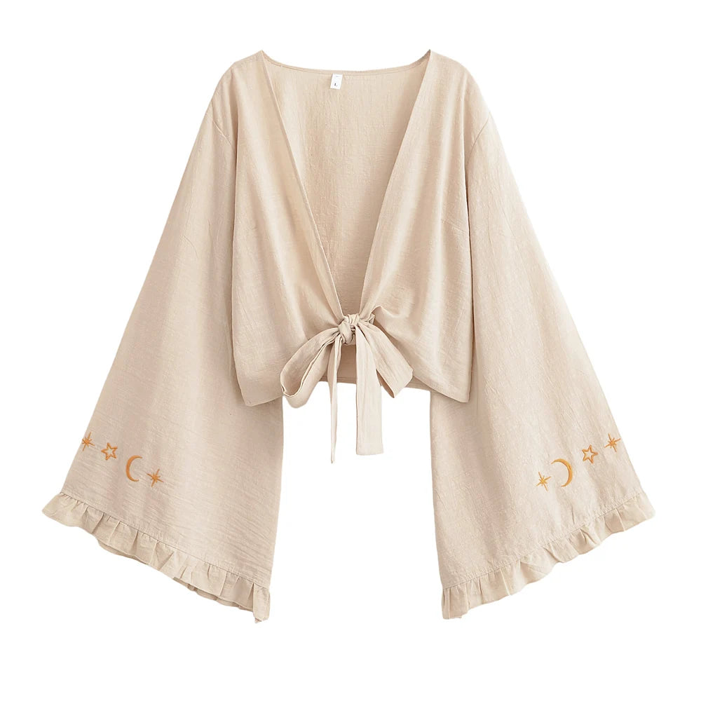 Embroidered Tie-Front Crop Kimono