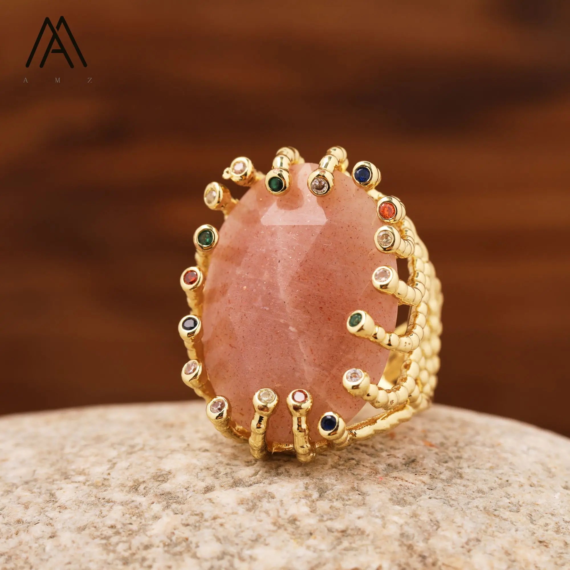 18K Gold-Plated Natural Gemstone Statement Ring – Healing Crystal Jewelry