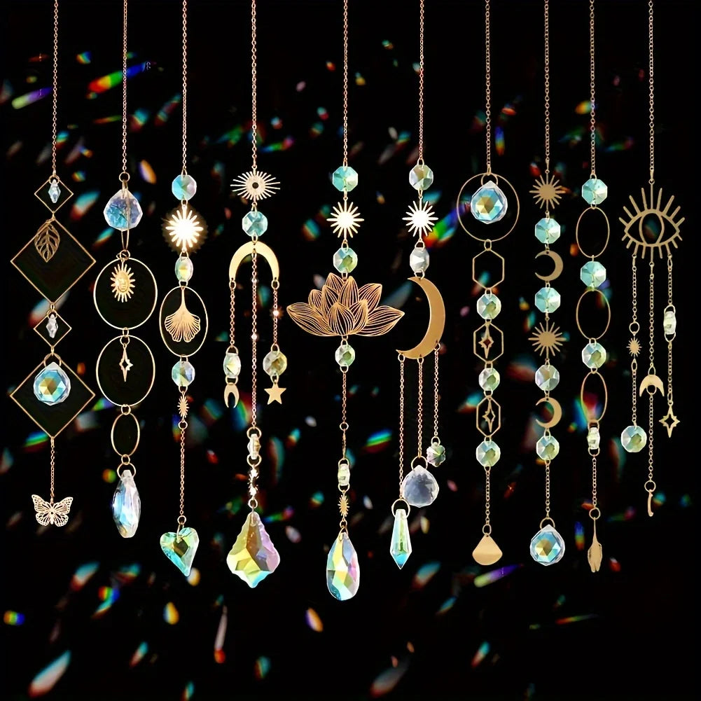 Crystal Lotus Suncatcher Set | 10 Hanging Rainbow Prism Pendants for Windows