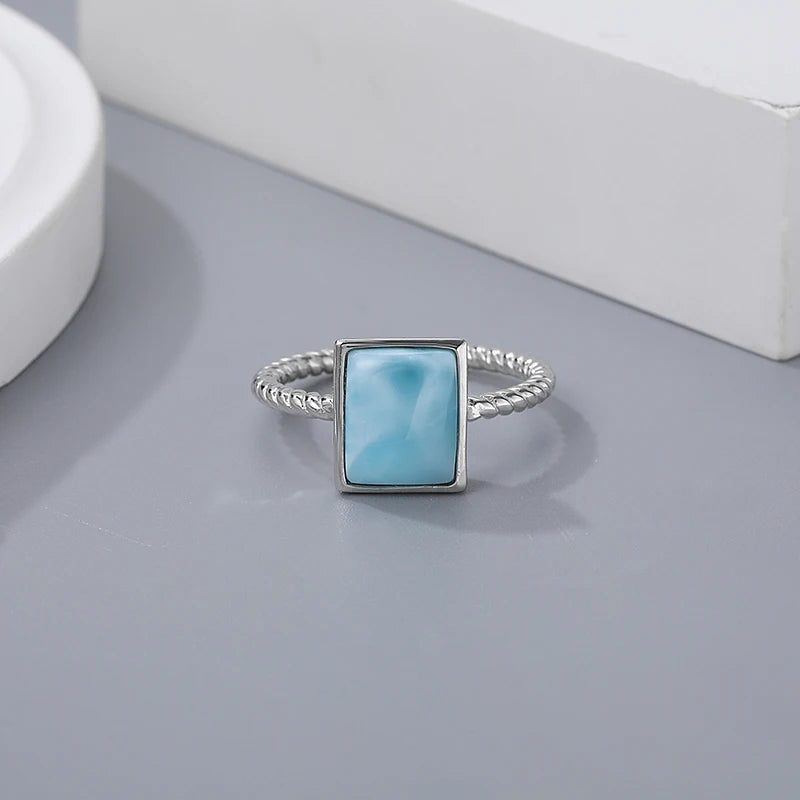 Square Larimar Rope Band Ring in 925 Sterling Silver