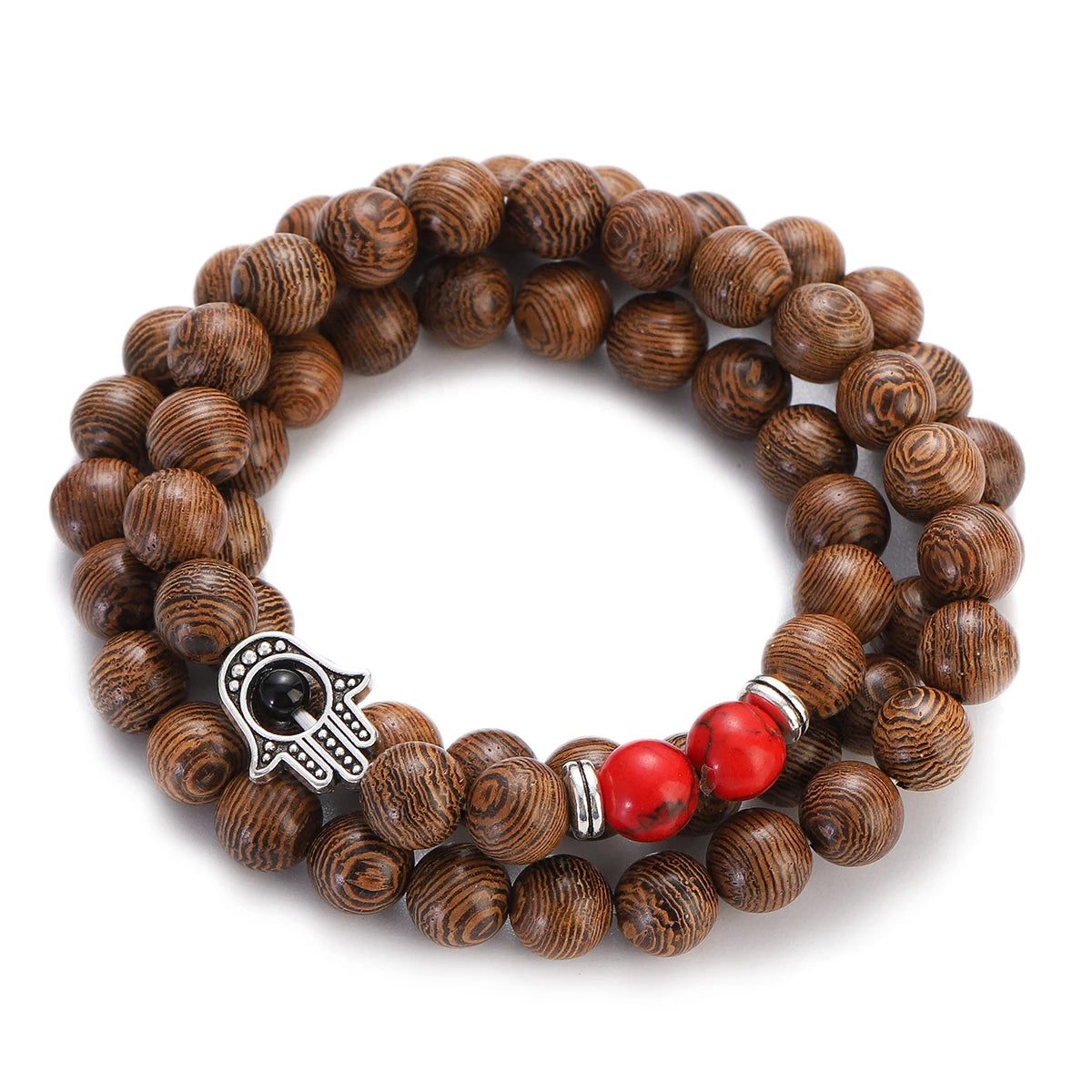 Wood Bead Buddha Om Lotus Charm Bracelet | Tibetan Mala Yoga Bracelet