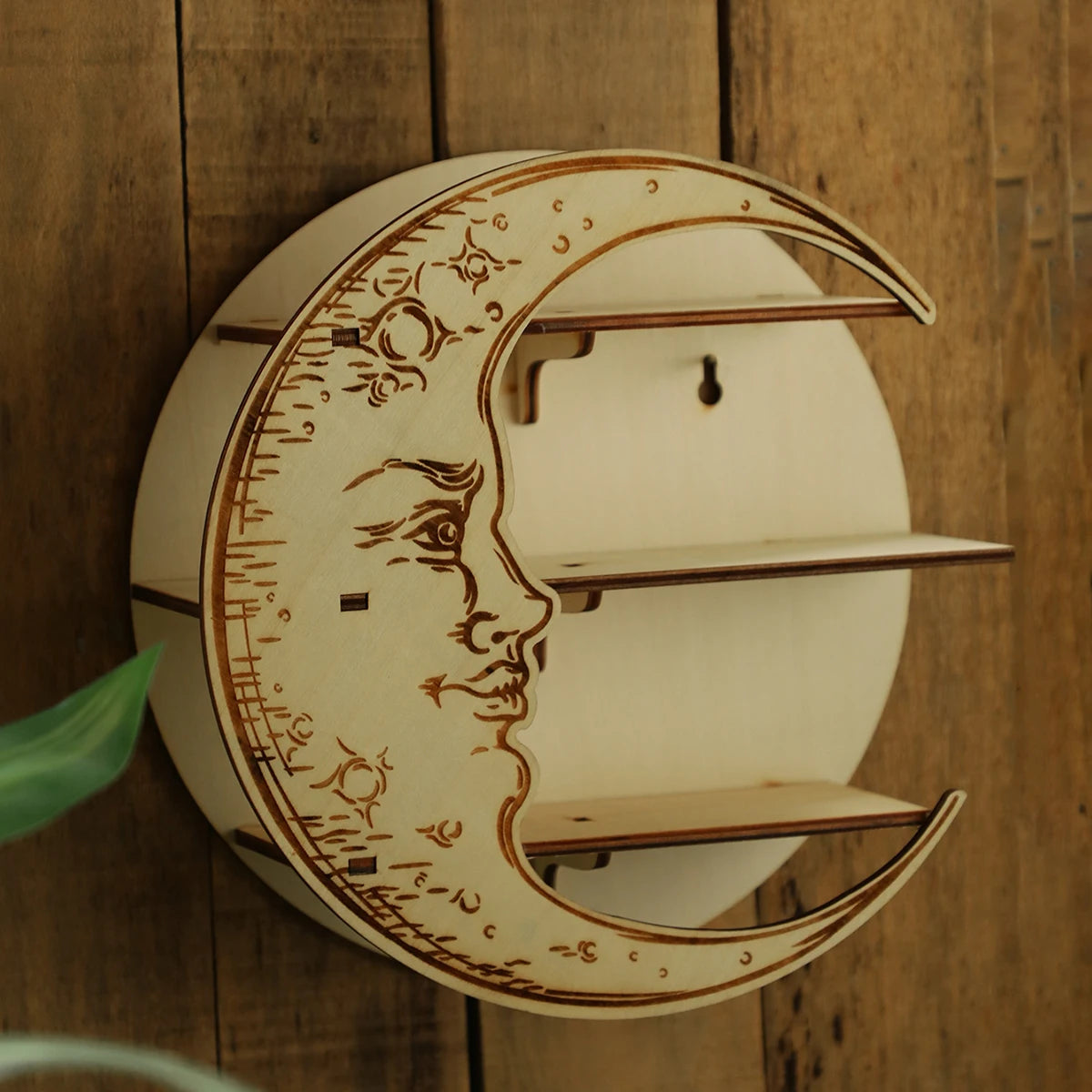 Moon Face Round Wall Shelf – Wooden Crystal Display