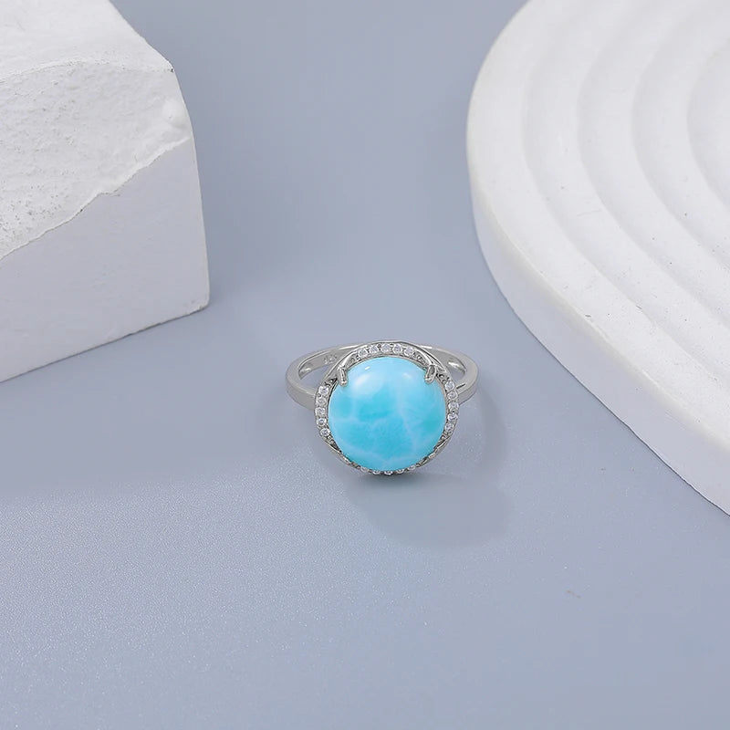 Larimar Round Halo Ring, 925 Sterling Silver