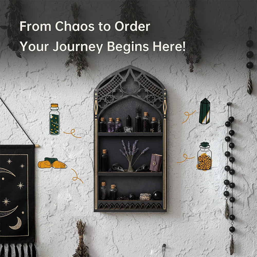Gothic Arch Wall Cabinet – Wooden Crystal Display Case & Altar Organizer