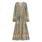Floral Button-Front Lantern-Sleeve Boho Maxi Dress