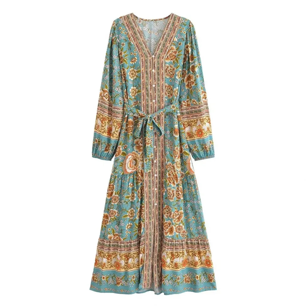 Floral Button-Front Lantern-Sleeve Boho Maxi Dress