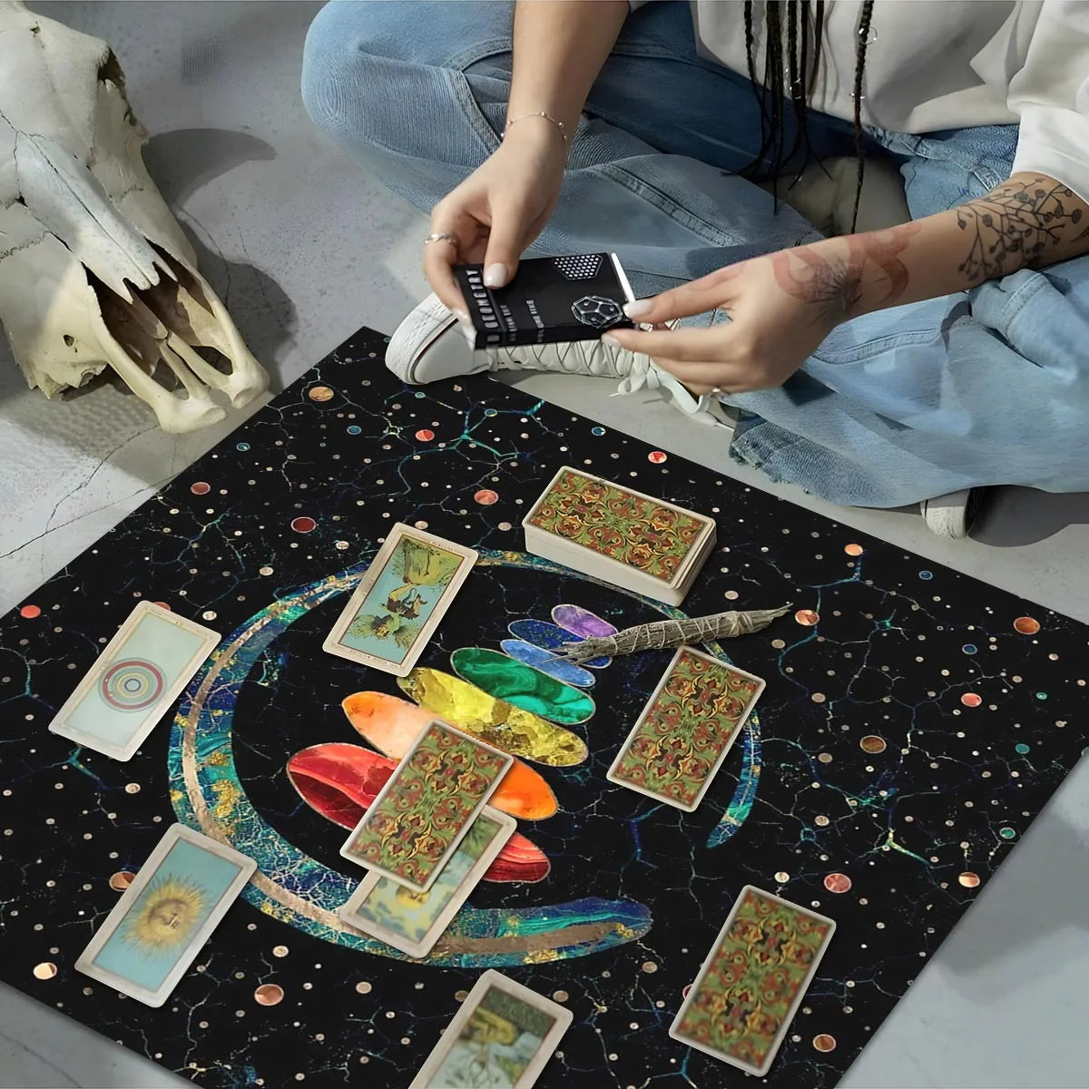 Chakra Crystal Tower Altar Cloth — Spiritual Energy Grid Tarot Mat