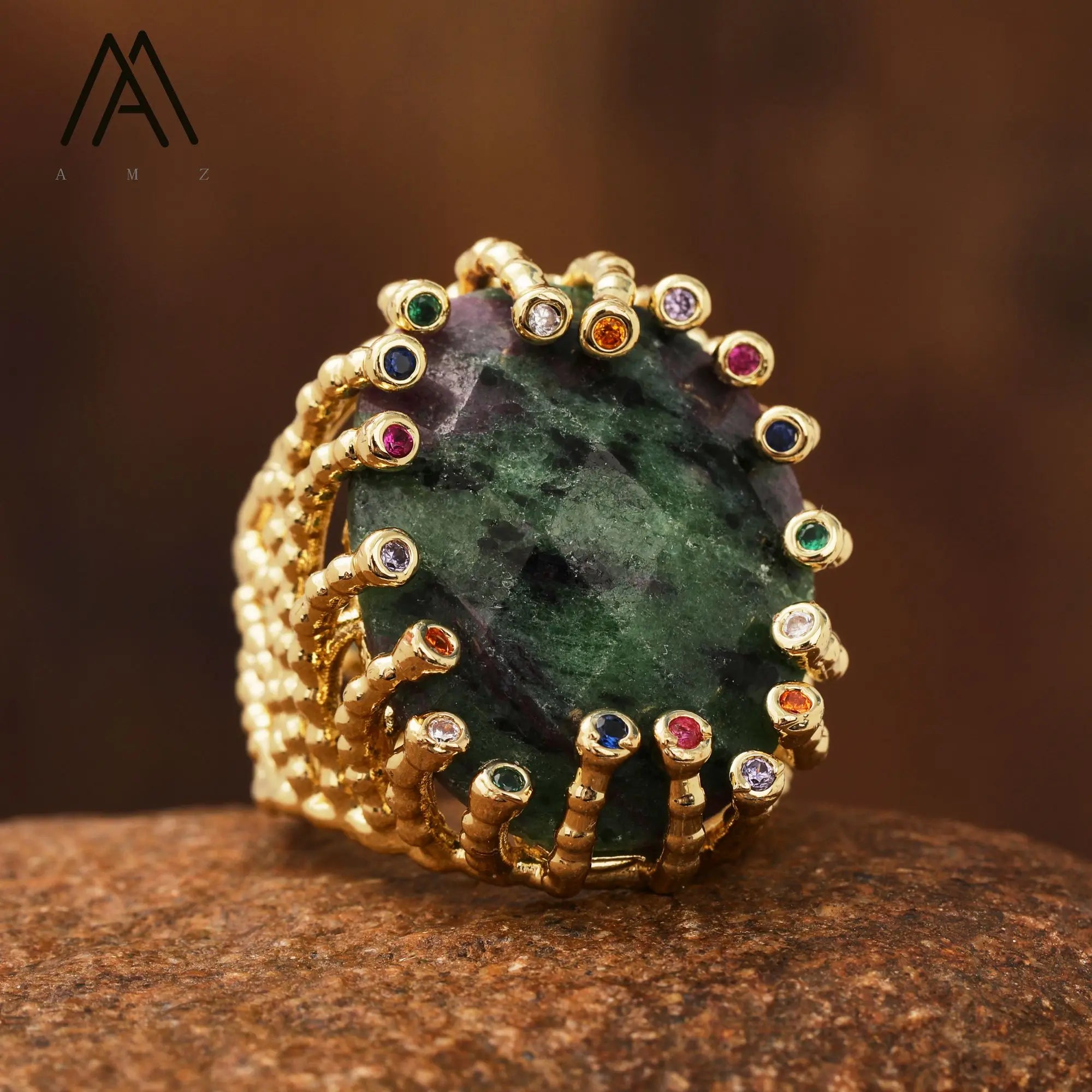 18K Gold-Plated Natural Gemstone Statement Ring – Healing Crystal Jewelry