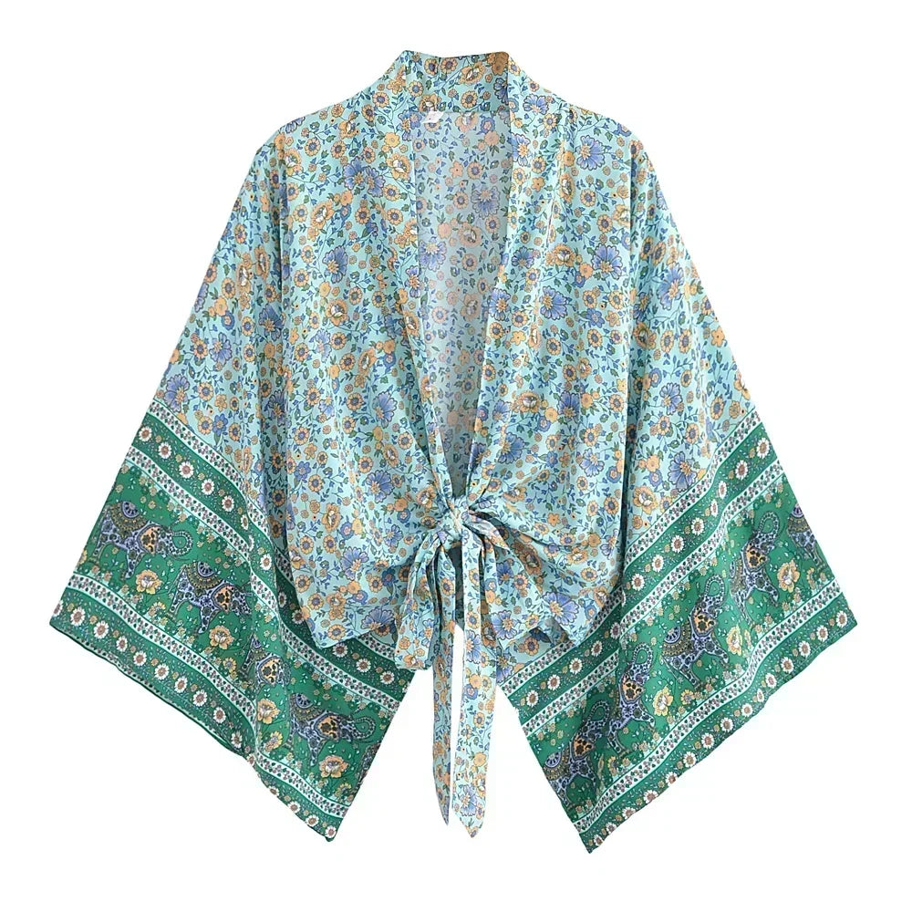 Floral Print Short Kimono with Batwing Sleeves