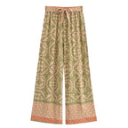 Geometric Floral Print Wide-Leg Boho Pants with Pockets