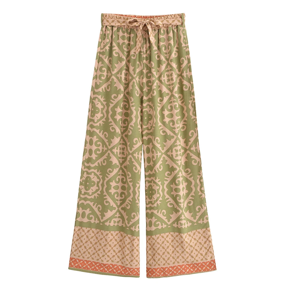 Geometric Floral Print Wide-Leg Boho Pants with Pockets