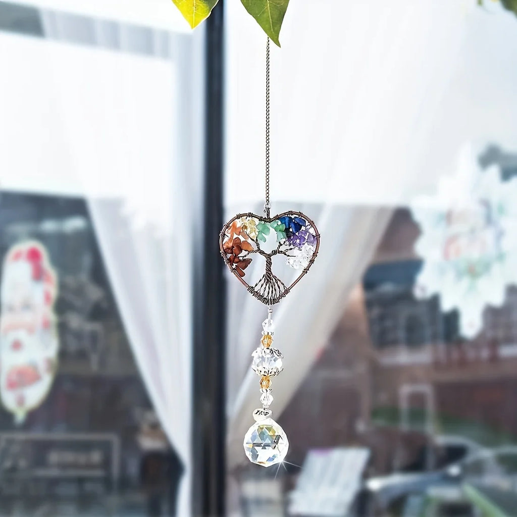 7 Chakra Tree of Life Crystal Heart Suncatcher with Rainbow Prism Ball