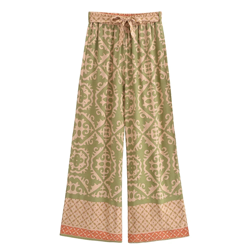 Geometric Floral Print Wide-Leg Boho Pants with Pockets