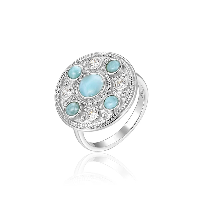 Larimar Vintage Medallion Ring in 925 Sterling Silver
