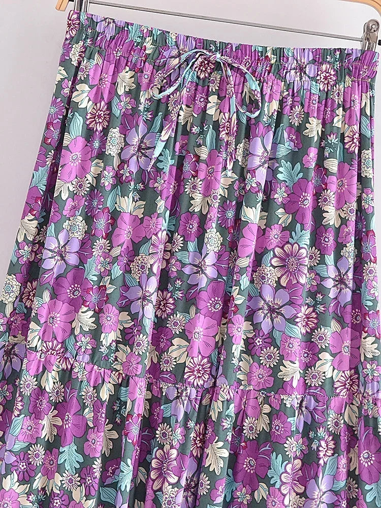 Floral Pleated Boho Maxi Skirt