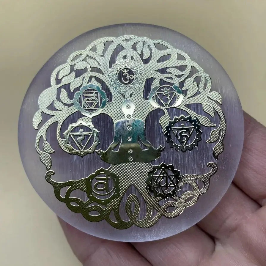 Engraved Selenite Charging Disc – Sacred Geometry Crystal Plate